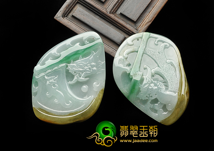糯冰种黄加绿缅甸翡翠A货龙凤呈祥挂件（单价）