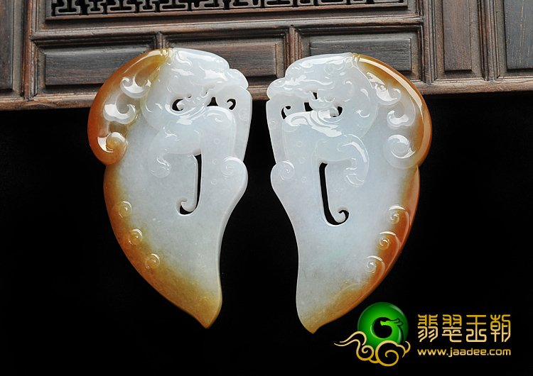 糯冰种红黄翡缅甸翡翠A货府中有龙挂件（一对）