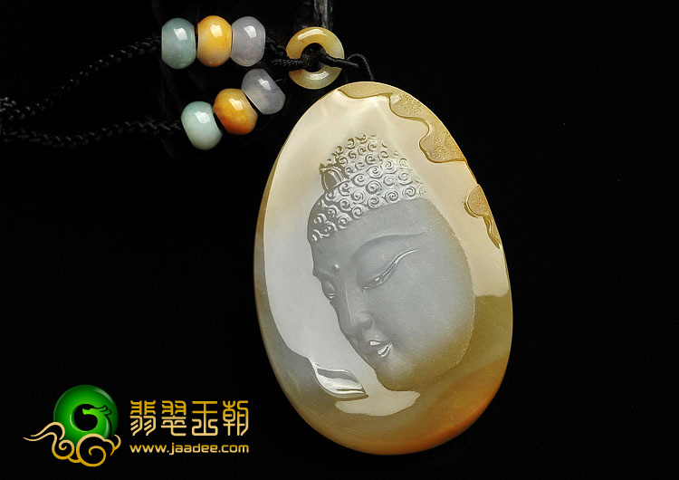 糯冰种黄翡缅甸翡翠A货释迦牟尼头挂件