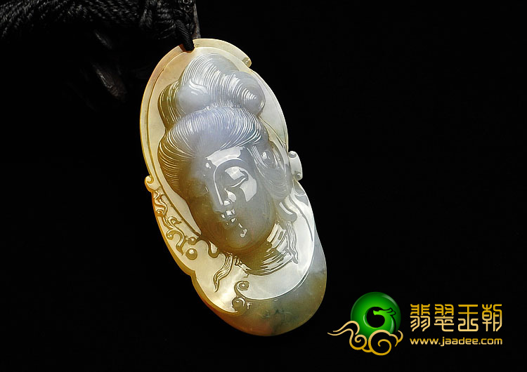 糯冰种黄翡略飘花缅甸翡翠A货观音头挂件