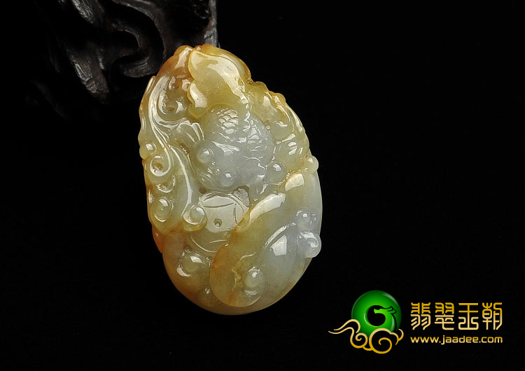 糯冰种黄翡缅甸翡翠A货金玉满堂挂件