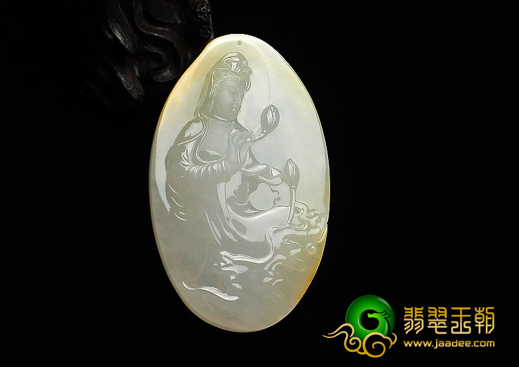 糯冰种淡黄翡缅甸翡翠A货观音挂件
