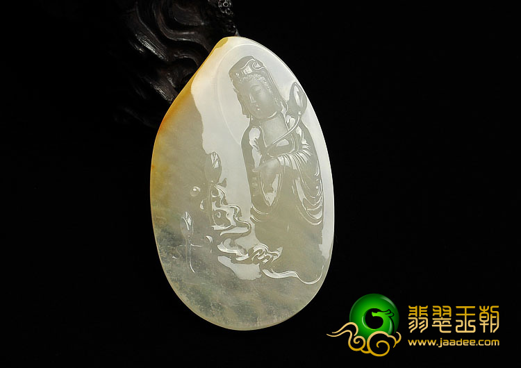 糯冰种淡黄翡缅甸翡翠A货观音挂件