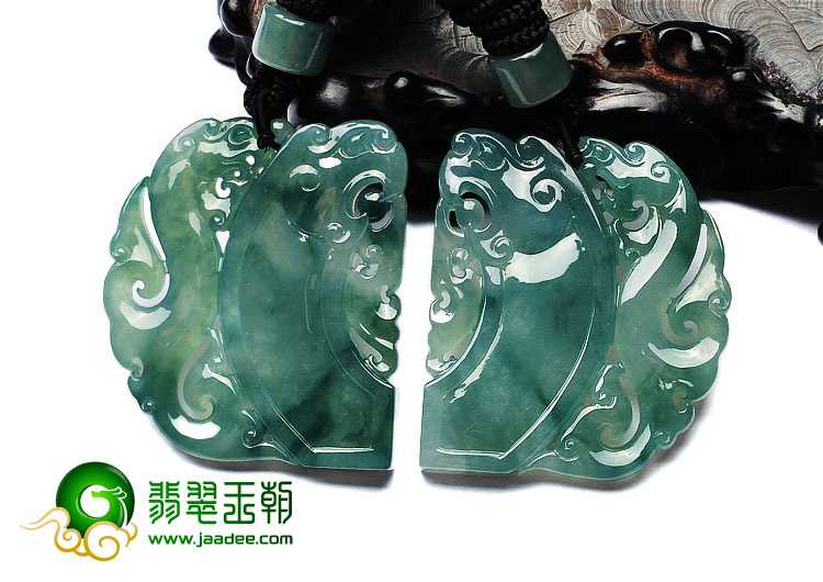 冰种晴水缅甸翡翠A货龙凤呈祥挂件（一对）