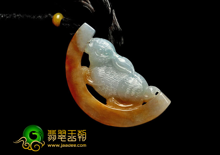 糯冰种红黄翡缅甸翡翠A货玉兔呈祥挂件