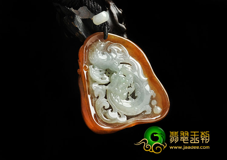 糯冰种褐黄翡缅甸翡翠A货龙凤牌挂件