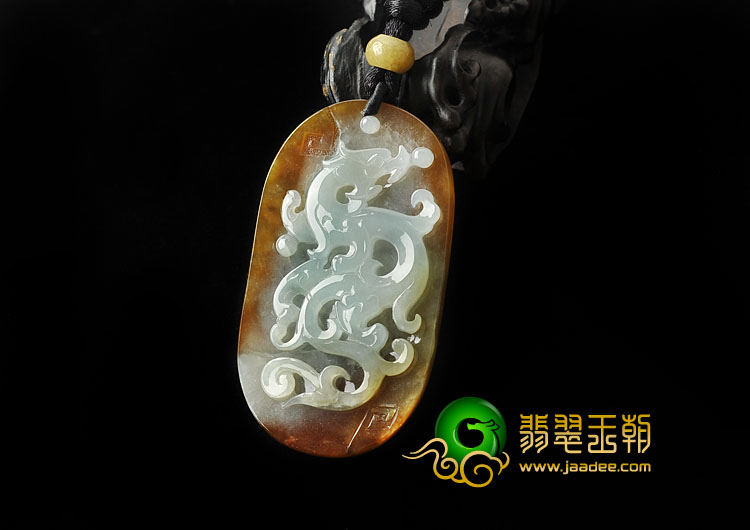 糯冰种褐黄翡缅甸翡翠A货龙牌挂件