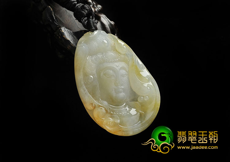 糯冰种淡黄翡缅甸翡翠A货观音头挂件