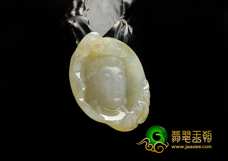 糯冰种淡黄翡缅甸翡翠A货观音头挂件