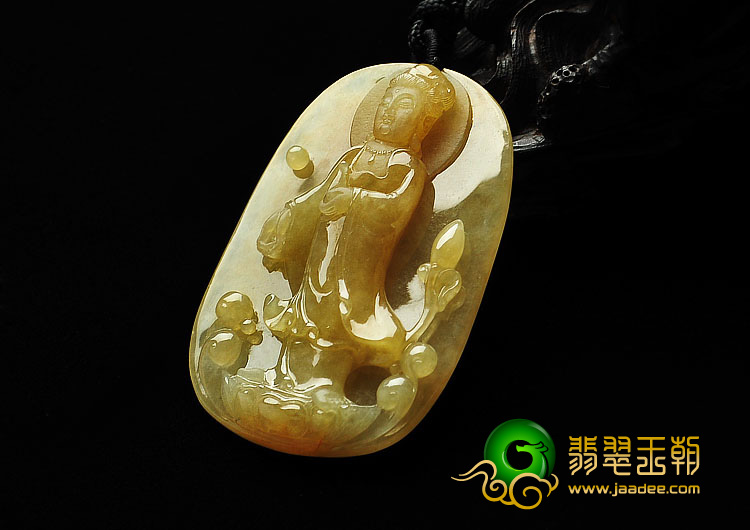 冰种黄翡缅甸翡翠A货站观音挂件