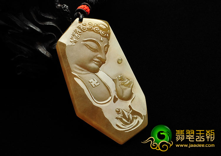 糯冰种黄翡缅甸翡翠A货释迦牟尼头挂件
