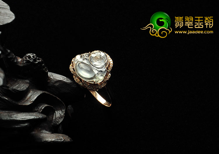 冰玻种缅甸翡翠A货镶玫瑰金玉佛戒指（真钻）