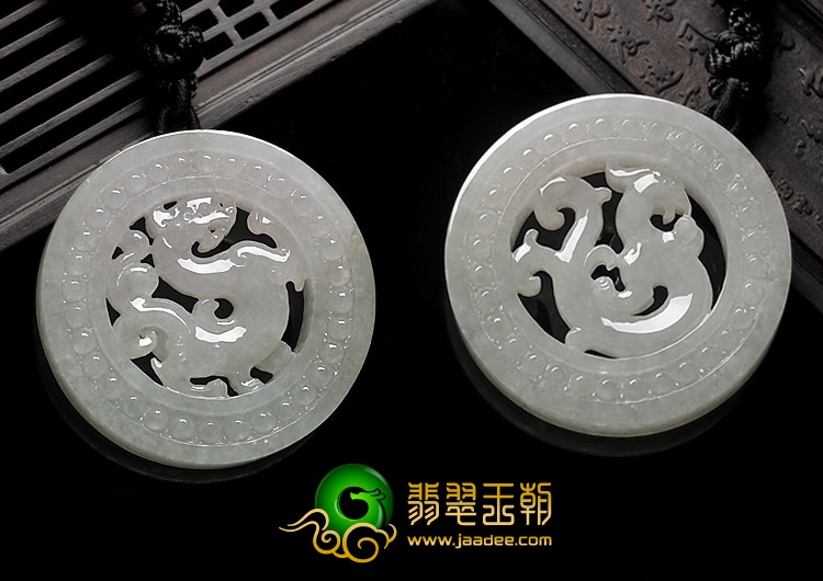 (超值推荐)糯冰种晴水缅甸翡翠A货圆龙凤牌挂件（一对）