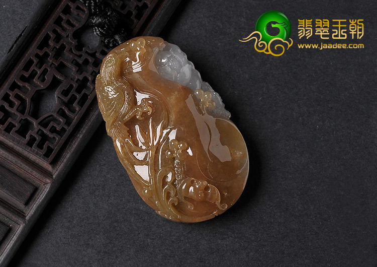 糯冰种褐黄翡缅甸翡翠A货富贵花开挂件