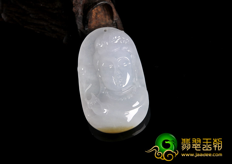 糯冰种淡晴水带褐黄翡缅甸翡翠A货观音头挂件