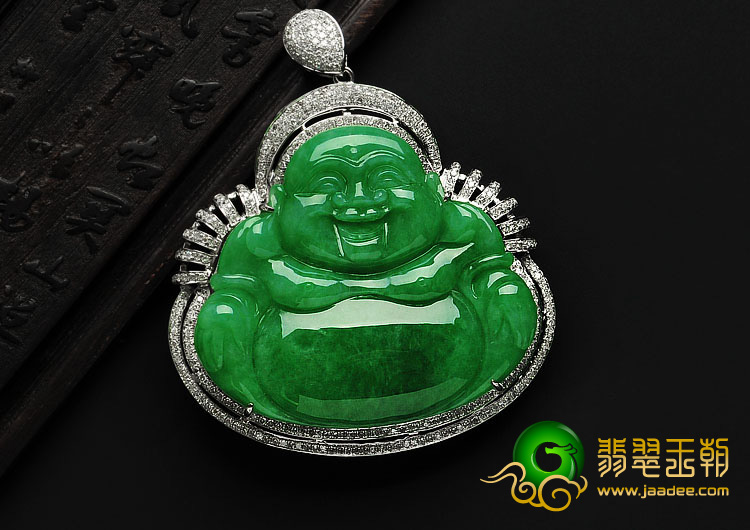 糯冰种阳绿满绿缅甸翡翠A货镶白金玉佛胸坠（真钻）