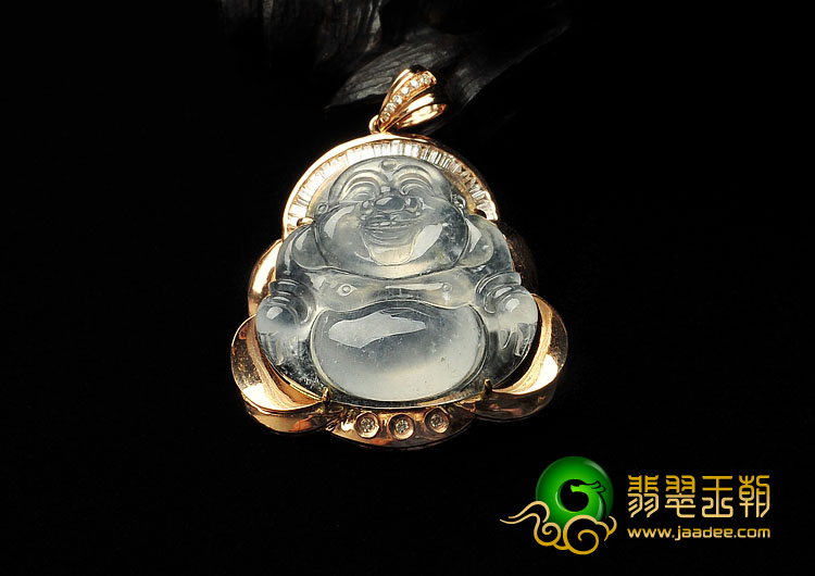 冰玻种缅甸翡翠A货镶玫瑰金玉佛胸坠（真钻）
