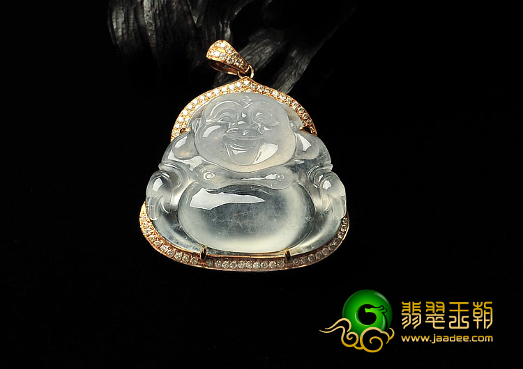 冰玻种缅甸翡翠A货镶玫瑰金玉佛胸坠（真钻）
