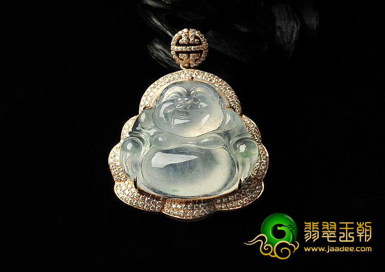 冰玻种缅甸翡翠A货镶玫瑰金玉佛胸坠（水钻）