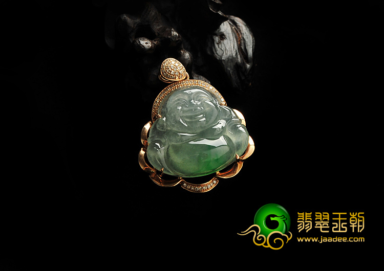 冰种飘翠缅甸翡翠A货镶玫瑰金玉佛（真钻）