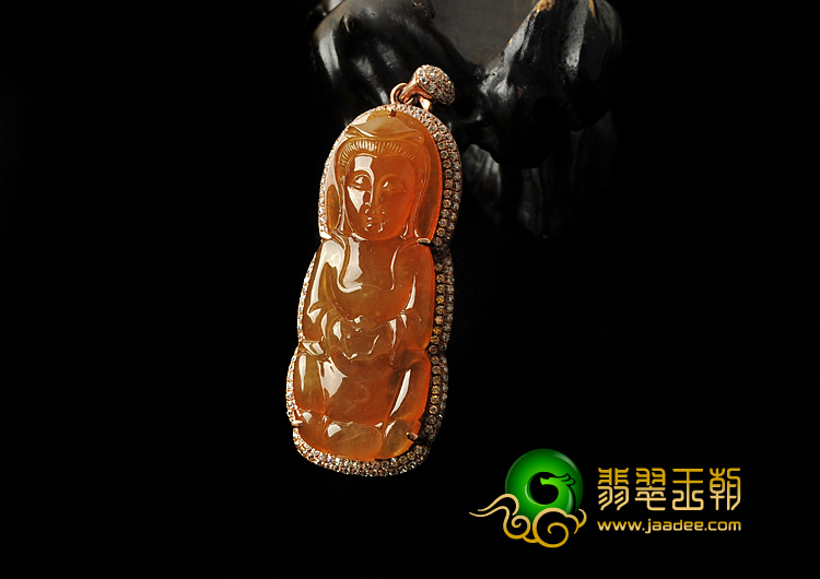 冰种黄翡缅甸翡翠A货镶玫瑰金观音胸坠（真钻）