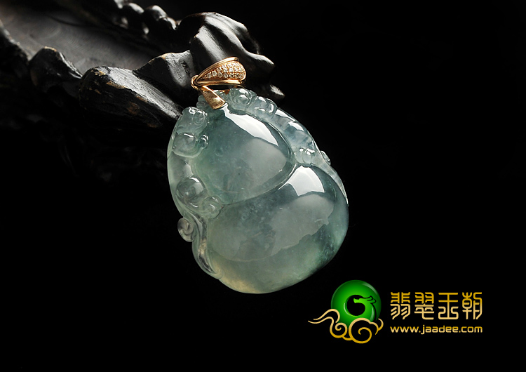 冰种飘花缅甸翡翠A货镶玫瑰金扣福禄寿挂件（真钻）
