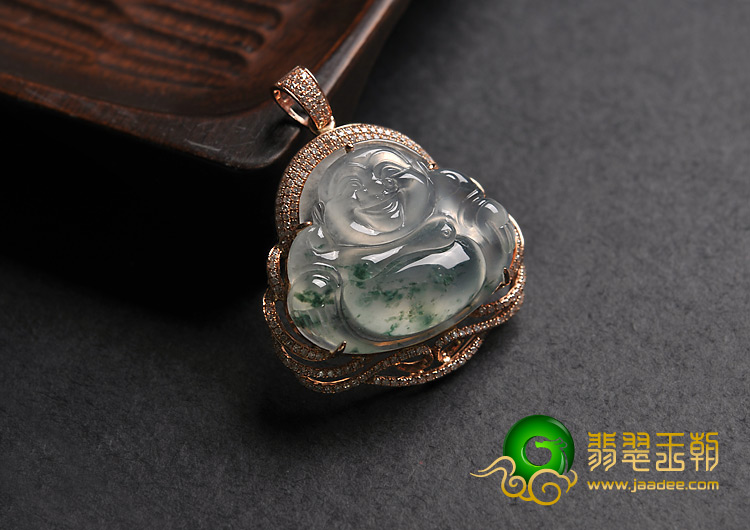 冰玻种飘花缅甸翡翠A货镶玫瑰金玉佛胸坠（真钻）