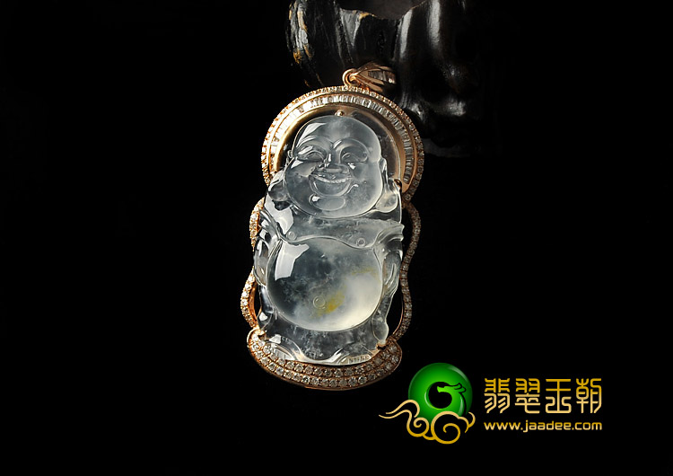 冰玻种略带淡黄翡缅甸翡翠A货镶玫瑰金站佛胸坠（真钻）