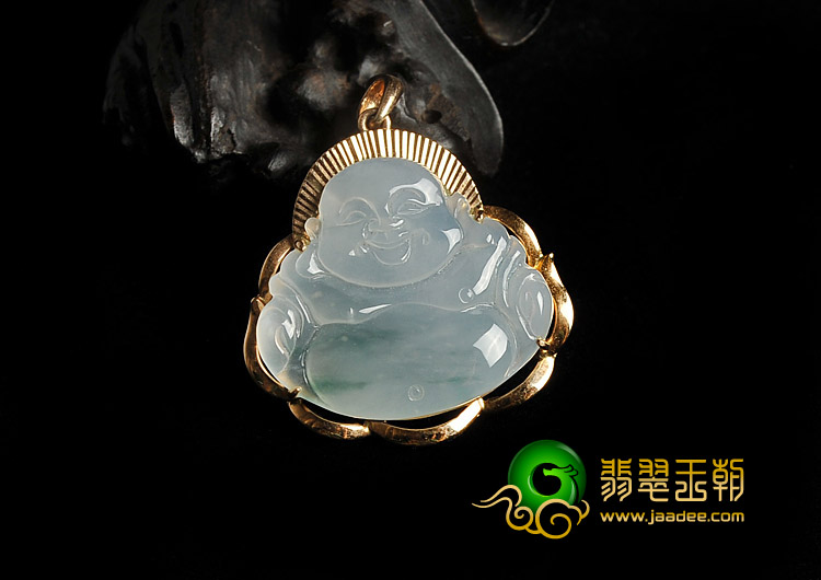 冰种飘花缅甸翡翠A货镶玫瑰金玉佛胸坠（真钻）