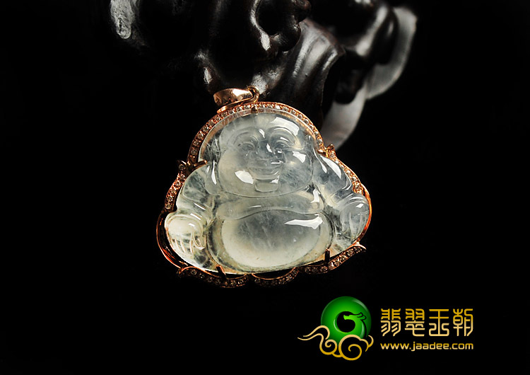 冰种晴水缅甸翡翠A货镶玫瑰金玉佛胸坠