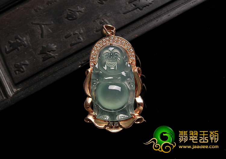 冰种晴水缅甸翡翠A货镶玫瑰金站佛胸坠（真钻）