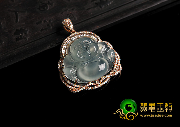 冰玻种晴水缅甸翡翠A货镶玫瑰金玉佛胸坠（真钻）