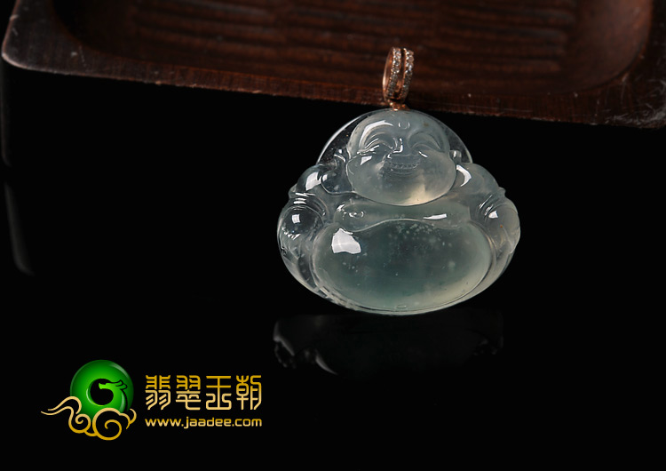 冰玻种略飘花缅甸翡翠A货镶玫瑰金扣玉佛挂件（真钻）