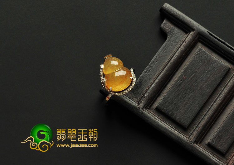 冰种黄翡缅甸翡翠A货镶白金葫芦戒指（真钻）