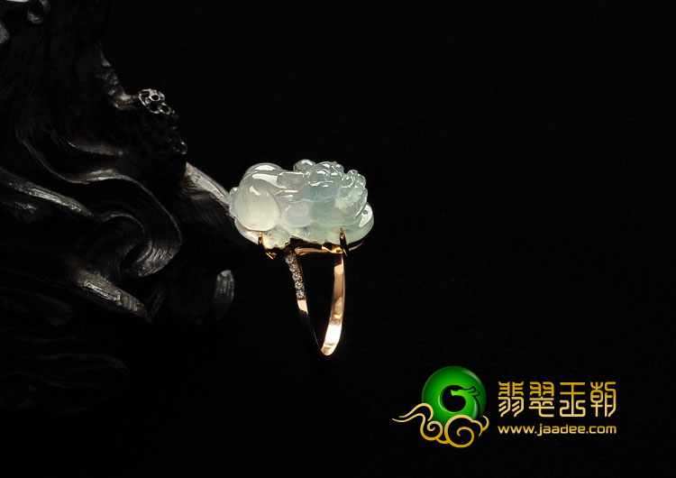 冰种晴水缅甸翡翠A货镶玫瑰金貔貅戒指（水钻）