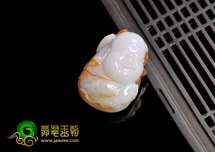 糯冰种褐黄翡缅甸翡翠A货笑佛头挂件