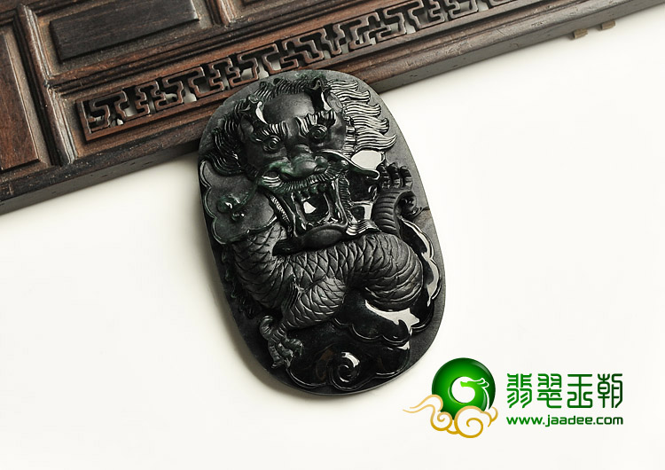 糯冰种墨翠缅甸翡翠A货龙行天下挂件