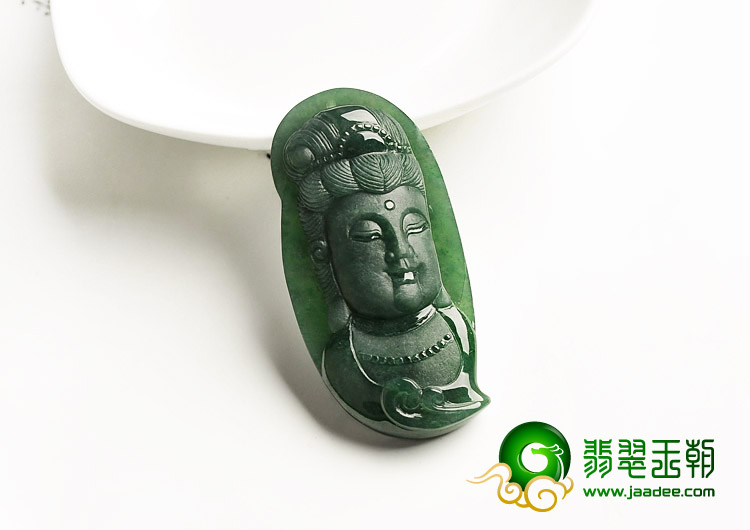 糯冰种油青缅甸翡翠A货观音头挂件