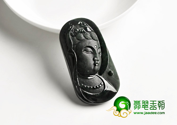 冰种墨翠缅甸翡翠A货观音头挂件