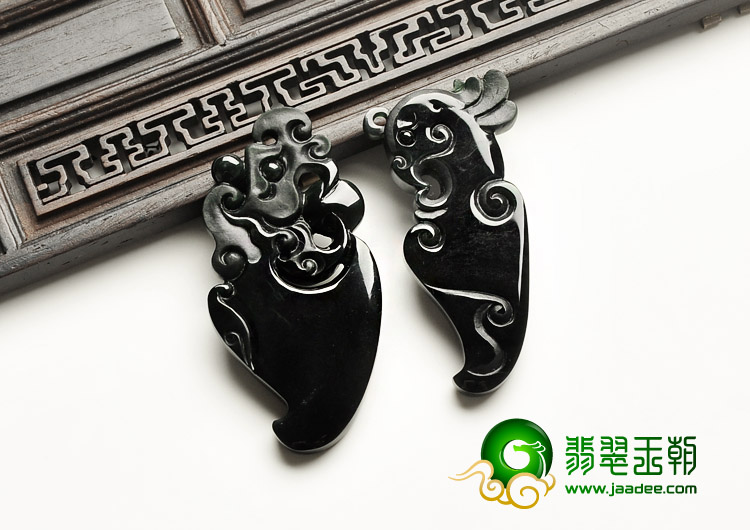 冰种墨翠缅甸翡翠A货仿古龙凤佩挂件（一对）