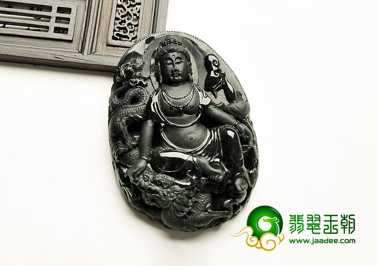 冰种墨翠缅甸翡翠A货降龙观音挂件