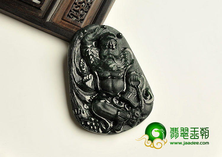 糯冰种墨翠缅甸翡翠A货钟馗打鬼挂件