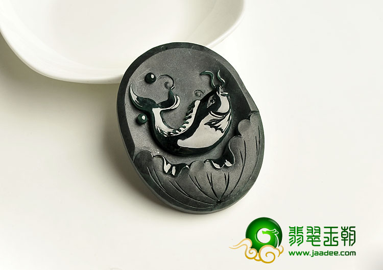 冰种墨翠缅甸翡翠A货年年有余挂件
