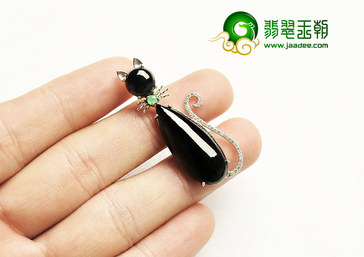 糯冰种墨翠缅甸翡翠A货银镀金小猫胸坠（水钻）
