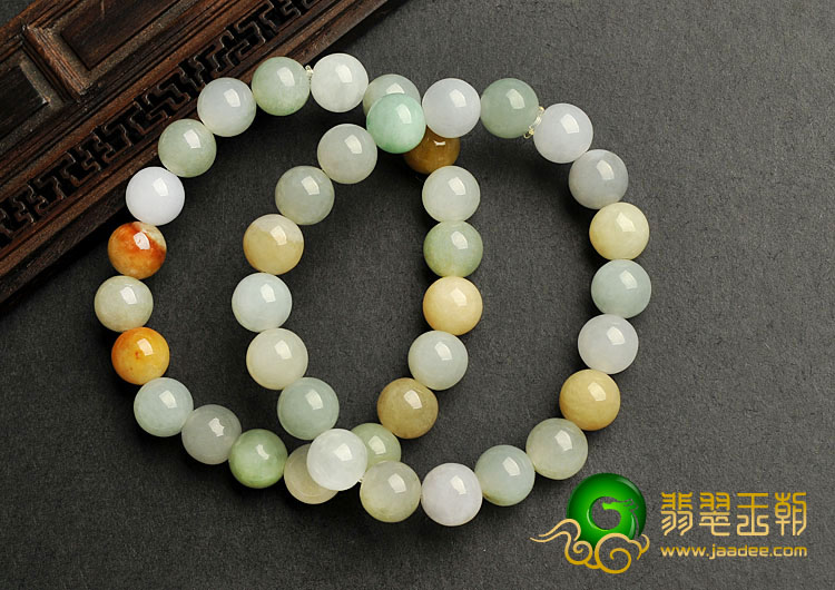 糯冰种三彩缅甸翡翠A货圆珠手链（一对）