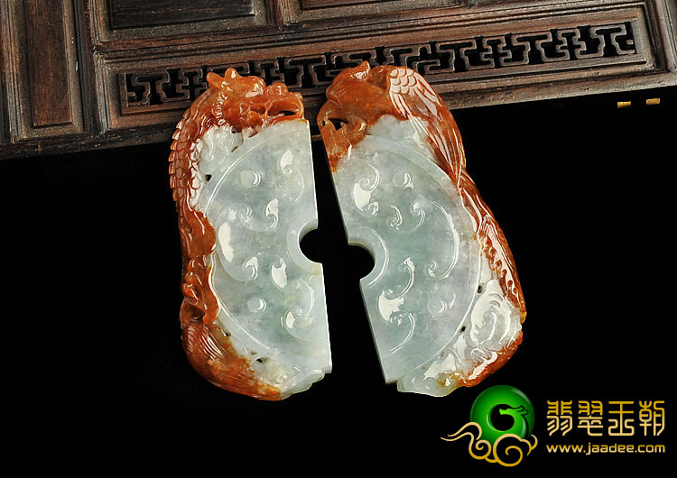糯冰种褐红翡缅甸翡翠A货龙凤佩挂件（一对）