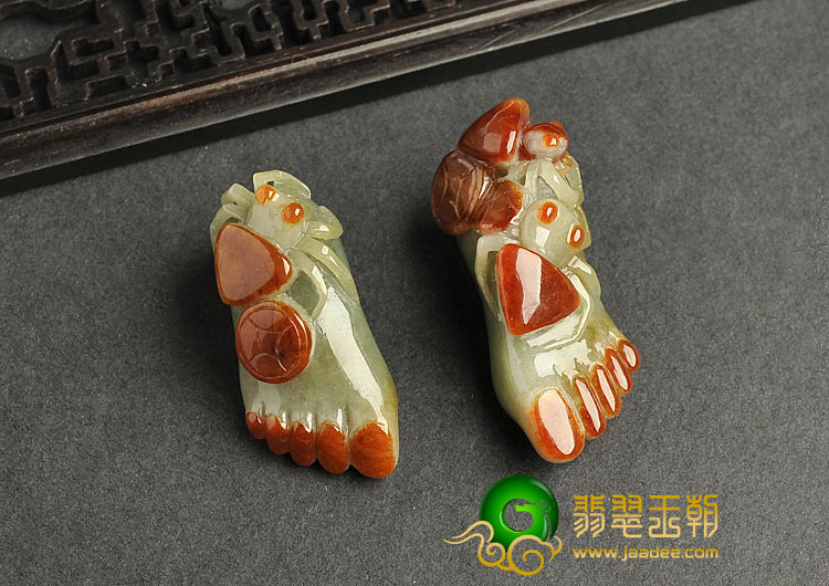糯冰种红翡缅甸翡翠A货知足常乐挂件（一对）