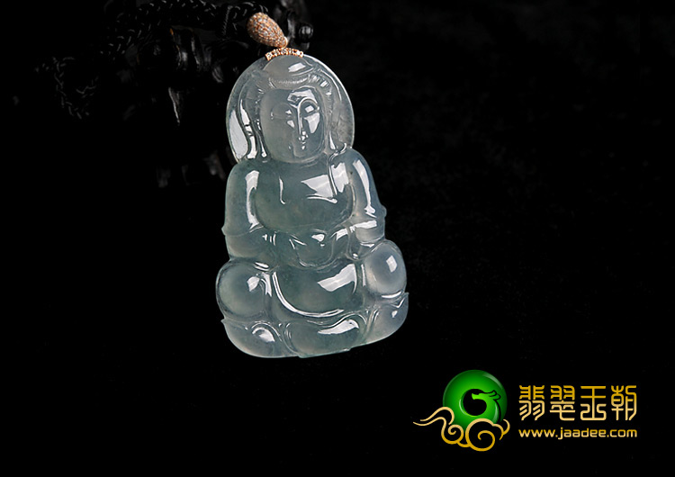 冰种飘花缅甸翡翠A货镶金扣观音挂件（真钻）