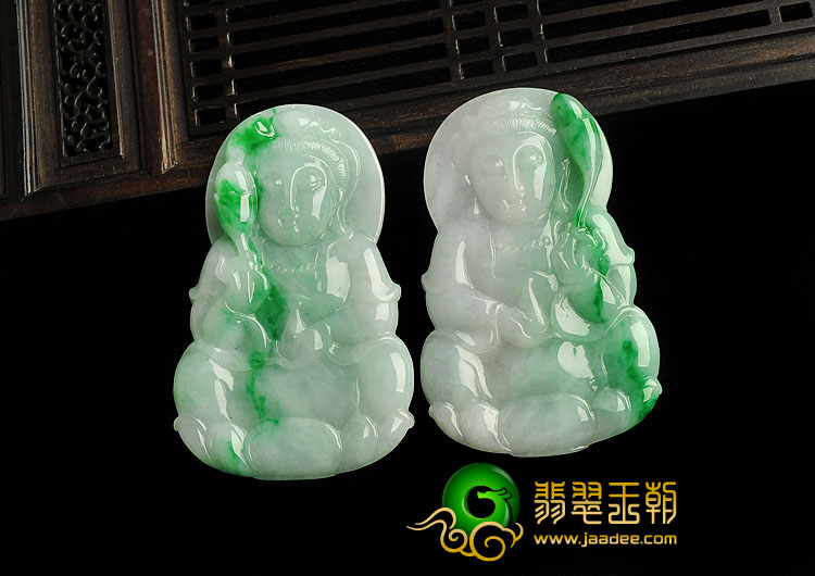 糯冰种翠色缅甸翡翠A货观音挂件（一对）