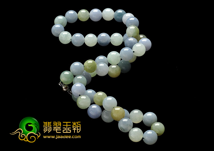 糯冰种三彩缅甸翡翠A货珠项链
